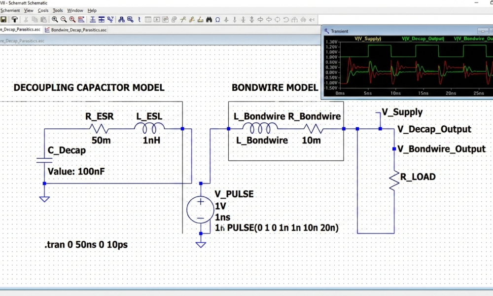 Use ltspice to model decap and bondwire inductance