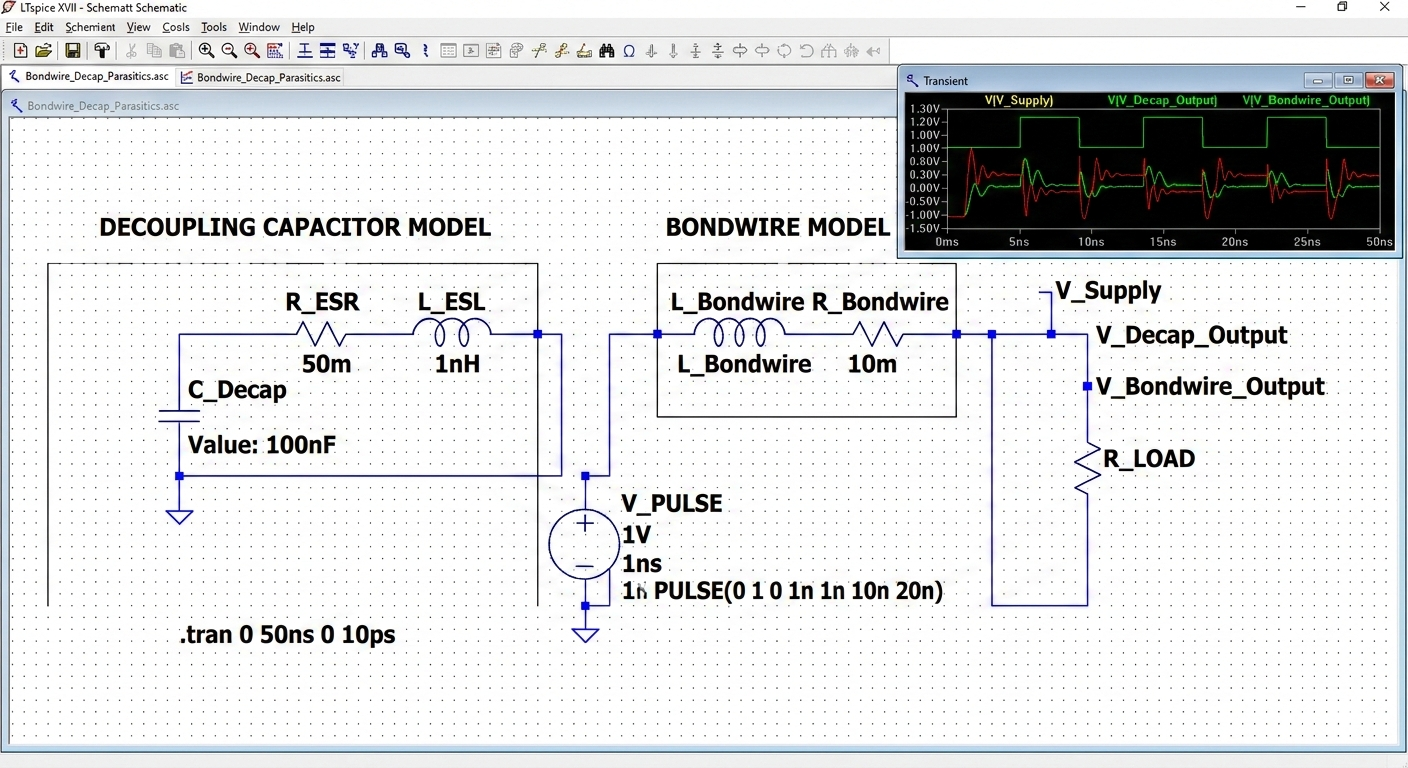 Use ltspice to model decap and bondwire inductance